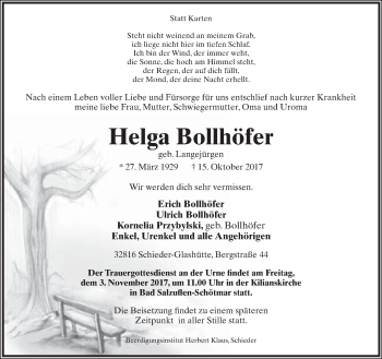 Anzeige  Helga Bollhöfer  Lippische Landes-Zeitung