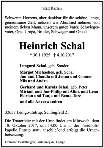 Anzeige  Heinrich Schal  Lippische Landes-Zeitung