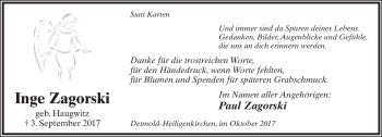 Anzeige  Inge Zagorski  Lippische Landes-Zeitung