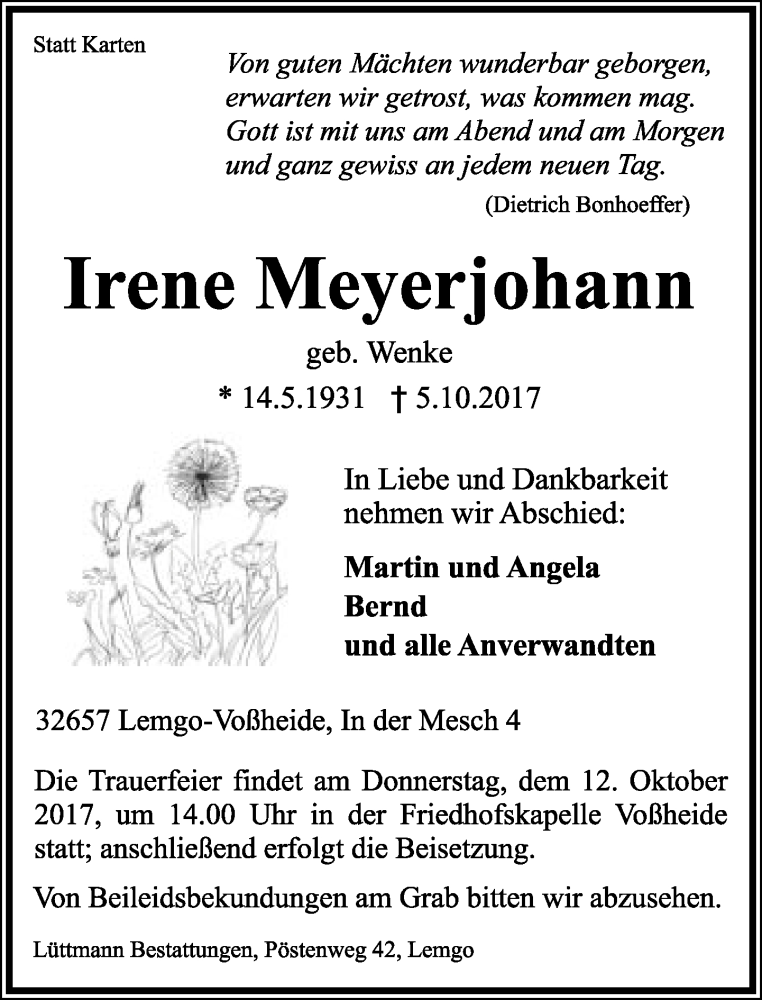  Traueranzeige für Irene Meyerjohann vom 07.10.2017 aus Lippische Landes-Zeitung