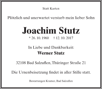 Anzeige  Joachim Stutz  Lippische Landes-Zeitung