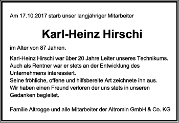 Anzeige  Karl-Heinz Hirschi  Lippische Landes-Zeitung