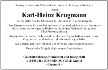 Anzeige  Karl-Heinz Krugmann  Lippische Landes-Zeitung