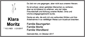 Anzeige  Klara Moritz  Lippische Landes-Zeitung