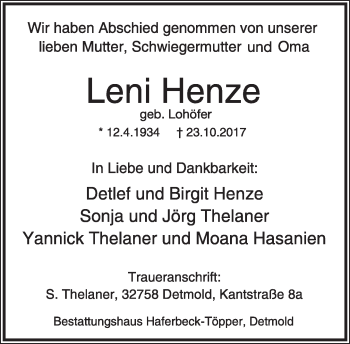 Anzeige  Leni Henze  Lippische Landes-Zeitung