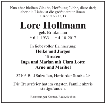 Anzeige  Lore Hollmann  Lippische Landes-Zeitung