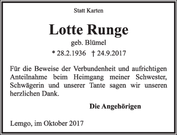 Anzeige  Lotte Runge  Lippische Landes-Zeitung