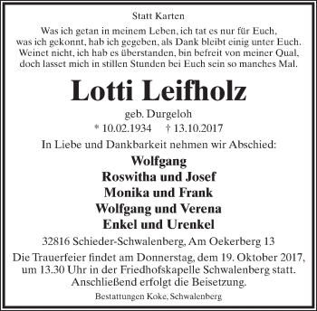 Anzeige  Lotti Leifholz  Lippische Landes-Zeitung