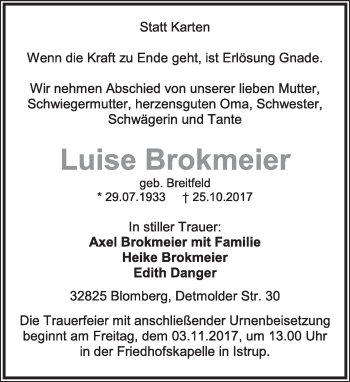 Anzeige  Luise Brokmeier  Lippische Landes-Zeitung