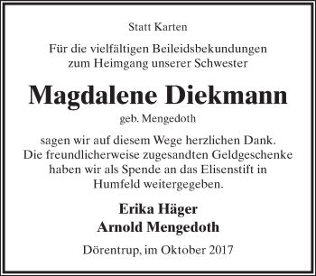 Anzeige  Magdalene Diekmann  Lippische Landes-Zeitung