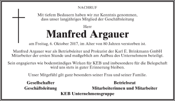 Anzeige  Manfred Argauer  Lippische Landes-Zeitung
