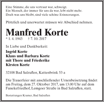 Anzeige  Manfred Korte  Lippische Landes-Zeitung