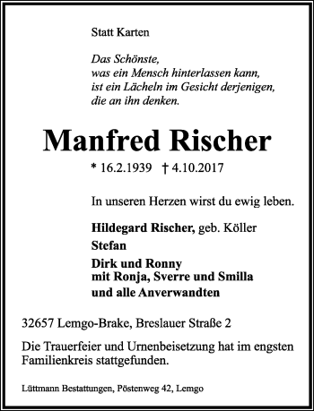 Anzeige  Manfred Rischer  Lippische Landes-Zeitung