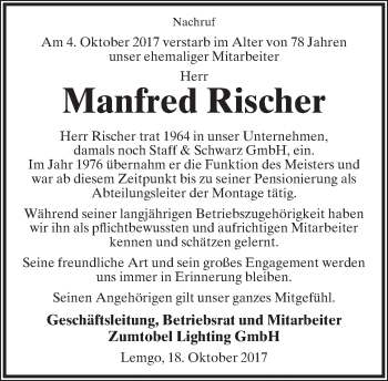 Anzeige  Manfred Rischer  Lippische Landes-Zeitung