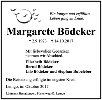 Anzeige  Margarete Bödeker  Lippische Landes-Zeitung
