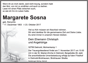 Anzeige  Margarete Sosna  Lippische Landes-Zeitung