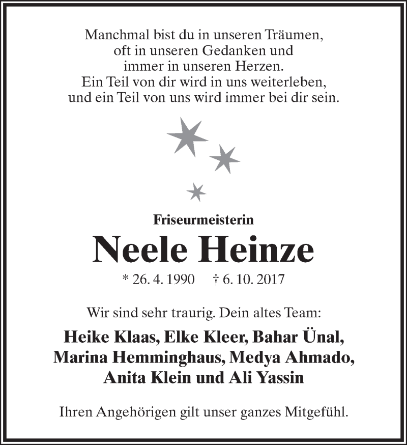  Traueranzeige für Neele Lotte Luana Heinze vom 14.10.2017 aus Lippische Landes-Zeitung