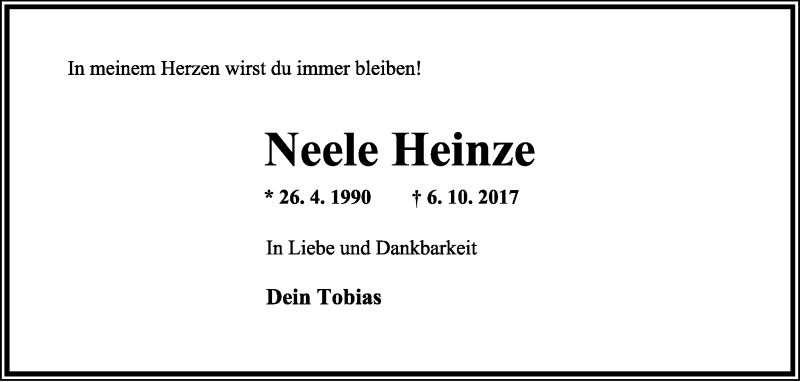  Traueranzeige für Neele Lotte Luana Heinze vom 14.10.2017 aus Lippische Landes-Zeitung