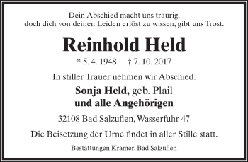 Anzeige  Reinhold Held  Lippische Landes-Zeitung