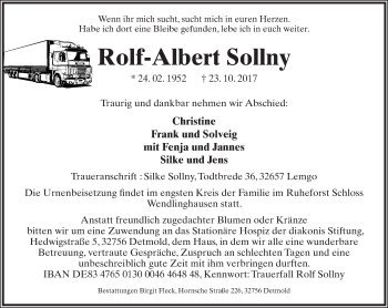 Anzeige  Rolf-Albert Sollny  Lippische Landes-Zeitung