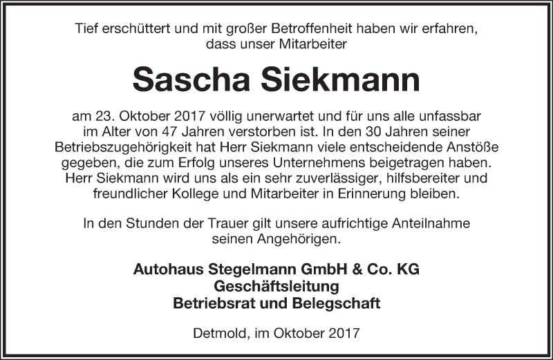  Traueranzeige für Sascha Siekmann vom 28.10.2017 aus Lippische Landes-Zeitung