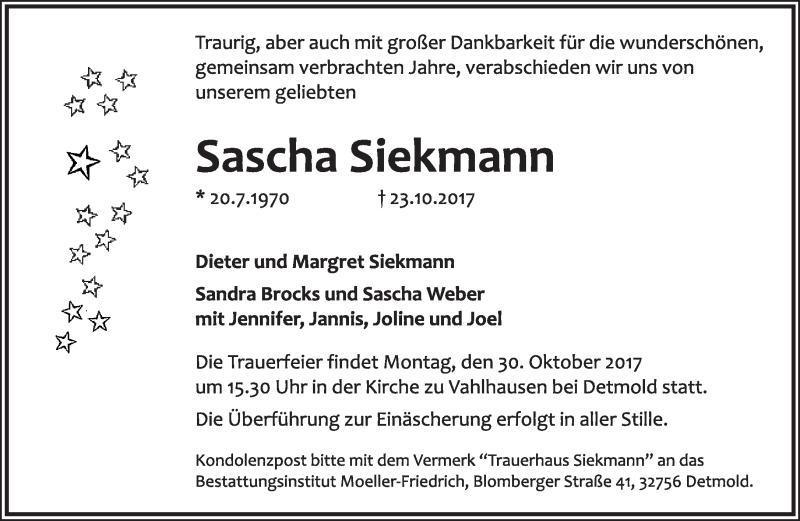  Traueranzeige für Sascha Siekmann vom 28.10.2017 aus Lippische Landes-Zeitung