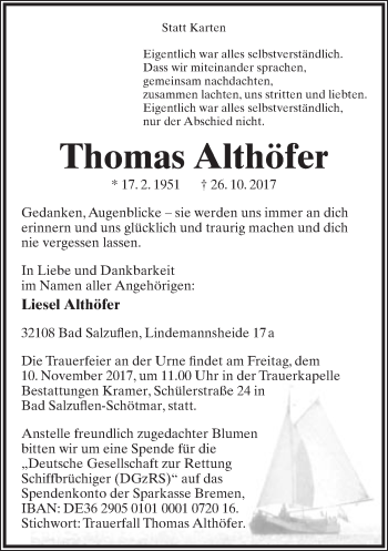 Anzeige  Thomas Althöfer  Lippische Landes-Zeitung