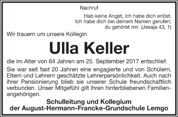 Anzeige  Ulla Keller  Lippische Landes-Zeitung