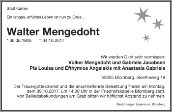 Anzeige  Walter Mengedoht  Lippische Landes-Zeitung