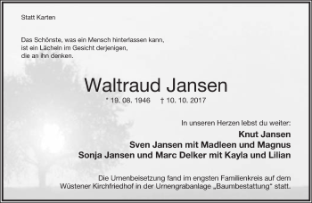 Anzeige  Waltraud Jansen  Lippische Landes-Zeitung