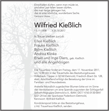 Anzeige  Wilfried Kießlich  Lippische Landes-Zeitung