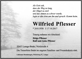 Anzeige  Wilfried Pflesser  Lippische Landes-Zeitung