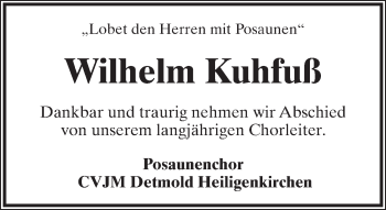Anzeige  Wilhelm Kuhfuß  Lippische Landes-Zeitung