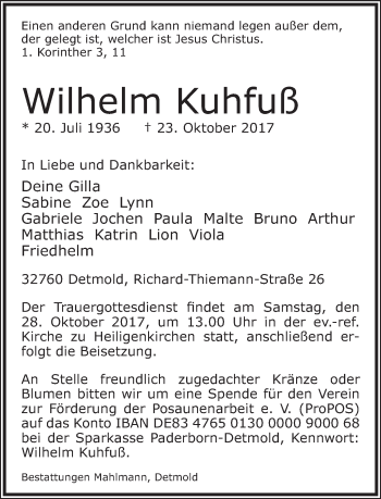 Anzeige  Wilhelm Kuhfuß  Lippische Landes-Zeitung
