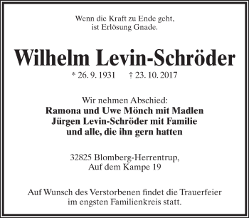 Anzeige  Wilhelm Levin-Schröder  Lippische Landes-Zeitung