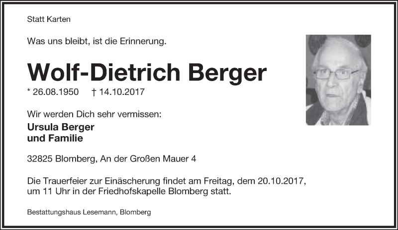  Traueranzeige für Wolf-Dietrich Berger vom 18.10.2017 aus Lippische Landes-Zeitung