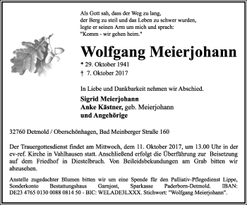 Anzeige  Wolfgang Meierjohann  Lippische Landes-Zeitung