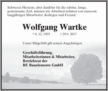 Anzeige  Wolfgang Wartke  Lippische Landes-Zeitung