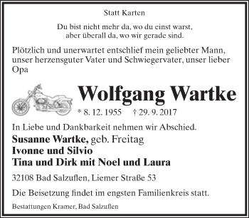 Anzeige  Wolfgang Wartke  Lippische Landes-Zeitung
