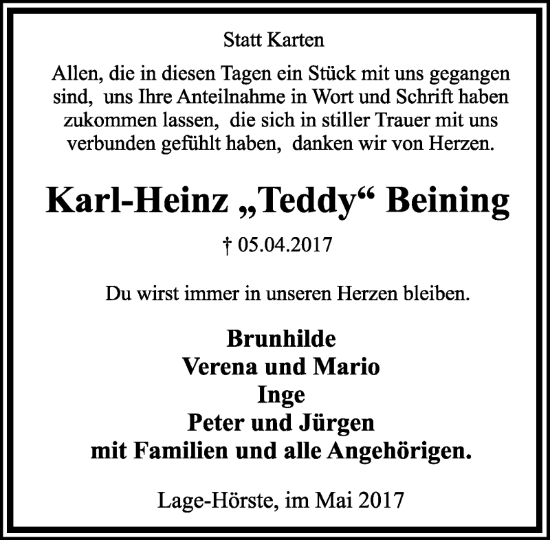  Traueranzeige für Karl-Heinz Beining vom 13.05.2017 aus Lippische Landes-Zeitung