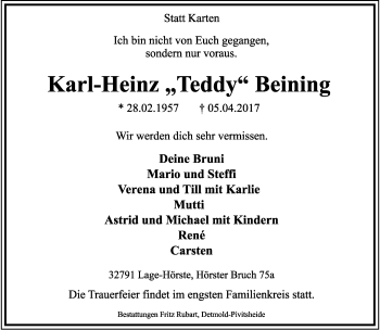 Anzeige  Karl-Heinz Beining  Lippische Landes-Zeitung