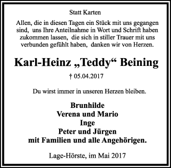 Anzeige  Karl-Heinz Beining  Lippische Landes-Zeitung