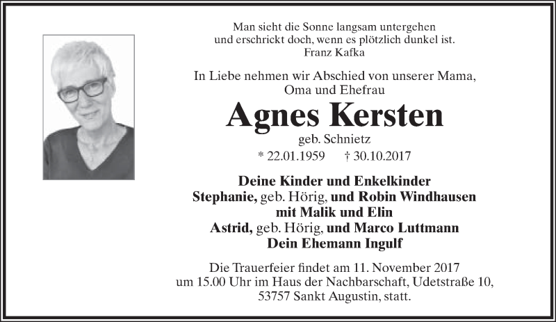  Traueranzeige für Agnes Kersten vom 04.11.2017 aus Lippische Landes-Zeitung