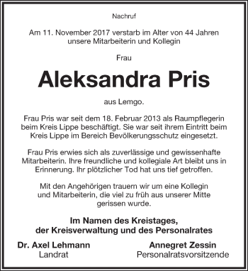 Anzeige  Aleksandra Pris  Lippische Landes-Zeitung