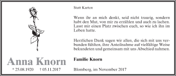 Anzeige  Anna Knorn  Lippische Landes-Zeitung