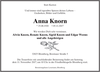 Anzeige  Anna Knorn  Lippische Landes-Zeitung