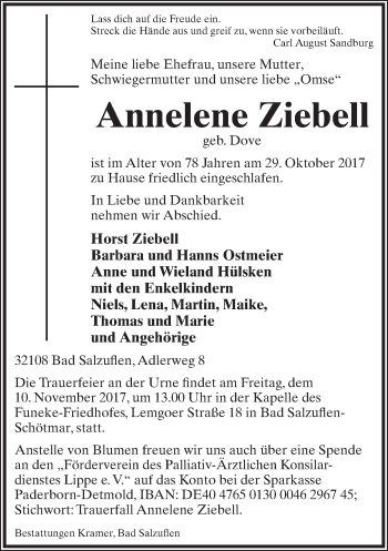 Anzeige  Annelene Ziebell  Lippische Landes-Zeitung