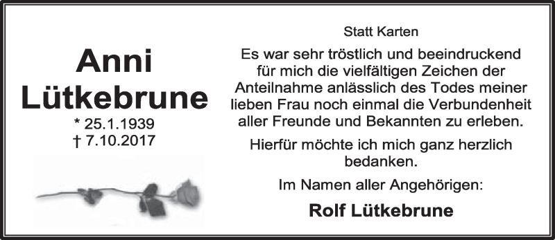  Traueranzeige für Anni Lütkebrune vom 04.11.2017 aus Lippische Landes-Zeitung