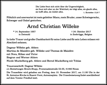 Anzeige  Arnd Christian Willeke  Lippische Landes-Zeitung