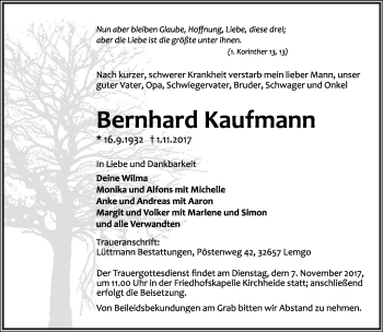 Anzeige  Bernhard Kaufmann  Lippische Landes-Zeitung